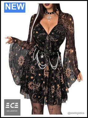 Plus Size Vintage Gothic Dress Mesh Bell Sleeve Sweetheart Neck A Line
